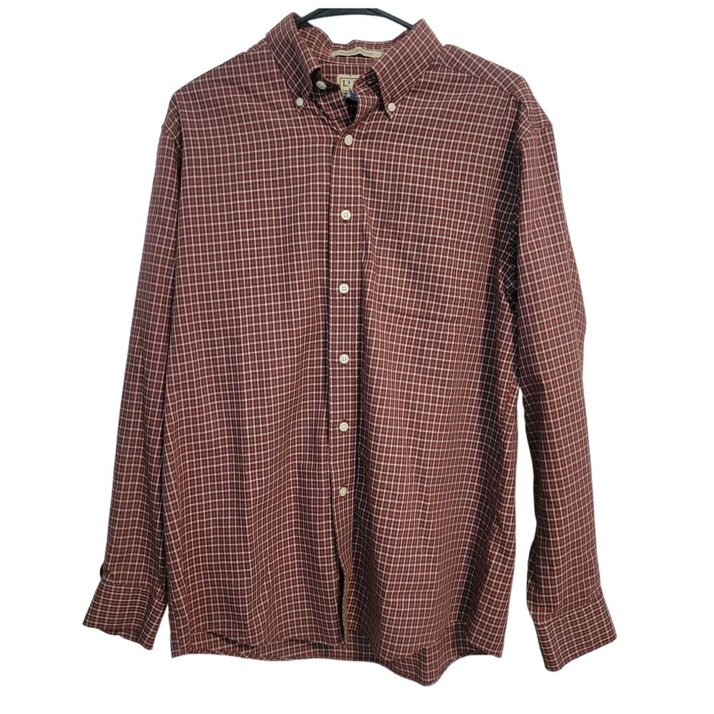 LL Bean Men's Medium Wrinkle Resistant Button Down Shirt Red White 100% Cotton